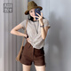 美洋（MEIYANG）條條T拉架棉法式簡(jiǎn)約撞色條紋圓領(lǐng)正肩短袖上衣顯瘦時(shí)尚新款t恤女 米灰條 M