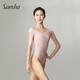 三沙（Sansha）芭蕾舞服女 舞蹈練功服高彈力短袖一字領(lǐng)連體服 粉色 L 