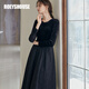 ROEYSHOUSE羅衣氣質(zhì)絲絨拼接提花連衣裙冬裝新款優(yōu)雅大擺黑色裙子07662 黑色 2XL