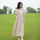 亂在江南休閑簡(jiǎn)約苧麻純色連衣裙夏季新品文藝高腰褶皺拼接素雅A字裙 麻色 L