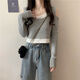 KAHTOP2025春秋新款上衣女設計感小眾T恤露肩假兩件短款針織衫顯瘦MQQ 灰色 均碼 彈力均碼(建議75-120斤)