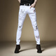 牛八方2025秋冬款黑色刺繡破洞牛仔褲男修身小腳褲男潮流印花長(cháng)褲子男 1930白色 30 碼(二尺三)