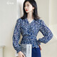 米思陽(yáng)（missshine）2024春季新款優(yōu)雅氣質(zhì)碎花V領(lǐng)雪紡衫荷葉擺修身襯衫女2329 藏藍(lán)色 XL