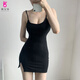 緣夢(mèng)韻歐美新款度短裙開(kāi)叉吊帶背心裙ins純色露背收腰顯包臀連衣裙 黑色H L _建議110-125