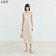 LILY夏新款女裝法式優(yōu)雅浪漫氣質(zhì)可調節肩帶長(cháng)款吊帶連衣裙女 703米色 S