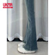 UKMR微喇牛仔褲女春秋大碼小眾設計感毛邊修身彈力喇叭褲高腰顯瘦長(cháng)褲 藍色【九分】 S 【建議88-98斤】