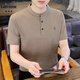老爺車(chē)男士高端冰絲亞麻短袖t恤夏季薄款立領(lǐng)polo保羅衫棉麻體恤上衣服 62372卡其 3XL 150斤左右