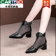 卡帝樂鱷魚（CARTELO）真皮網(wǎng)紗涼靴女2025新款夏季鏤空涼鞋女鞋中跟粗跟尖頭網(wǎng)靴 黑色 39