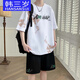 韓三歲青少年夏季純棉短袖t恤男孩12-17歲初中學(xué)生13大童體恤運動(dòng)套裝16 白色(衣服+短褲一套) M【80-100斤】