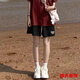 美安嘉美式高腰運動短褲女夏ins潮學(xué)生薄款寬松顯瘦直筒闊腳休閑五分褲 黑色 XL 175