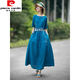 皮爾卡丹（pierre cardin）民族風文藝女裝棉麻連衣裙2025夏季新款寬松收腰顯瘦氣質(zhì)旅行長裙 湖藍色 M