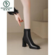啄木鳥(niǎo)粗跟短靴女秋冬新款加絨百搭方頭法式高跟鞋馬丁裸靴瘦瘦靴子女 黑色7厘米 37