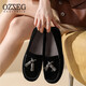 OZZEG澳洲豆豆鞋女春夏季流蘇真皮休閑單鞋平底防滑軟底孕婦鞋一腳蹬 黑色 37