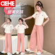 OEHE女童套裝夏季繡花短袖冰絲抖抖褲兩件套中大童女孩時(shí)尚兒童衣服 套裝 150 cm