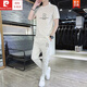 皮爾卡丹（pierre cardin）夏季男士短袖T恤新款運動(dòng)服休閑寬松潮流帥氣套裝短袖夏天男 米白色 M 165 90-100斤