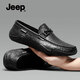 Jeep吉普頭層牛皮休閑皮鞋男秋冬新款透氣軟底一腳蹬懶人鞋輕便豆豆鞋 黑色 【標準皮鞋碼】 41