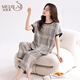 美即萊（MEIJILAI）夏季睡衣女純棉短袖七分褲兩件套裝薄款格子夏天全棉女士家居服 99142 3XL(身高170-180體重160-180）