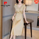 皮爾卡丹（pierre cardin）高端輕奢真絲連衣裙2023時(shí)尚系帶收腰桑蠶絲連衣裙 香檳色 XL