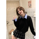 LDBE撞色假兩件襯衫領毛衣女秋冬新款慵懶學院風高級感針織衫套頭上衣 黑色 L