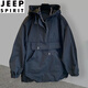 JEEP SPIRIT特大碼300斤簡約連帽沖鋒衣男胖子春夏新款寬松工裝拼接上衣外套 黑色 4XL 250-300斤