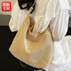 鉑吶苓草編包包女2024七夕潮時(shí)尚復古托特包草編包磁扣大容量單肩包 手工編織包包【米白】