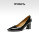 妙麗（Millies）牛皮尖頭高跟鞋女粗跟百搭職業(yè)面試工作單鞋女皮鞋女鞋 黑色 36 
