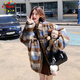 CTOX設(shè)計感PU皮拼接格子毛呢外套女2024冬新款小個子寬松保暖呢子大衣 棕格紋 M 115斤內(nèi)