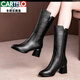 卡帝樂(lè )鱷魚(yú)（CARTELO）高檔足真皮中筒靴女新款冬季加絨棉鞋粗跟馬丁靴百搭高筒靴 黑色(加絨) 36