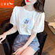 紅蜻蜓蕾絲泡泡袖T恤女夏2025年夏季新款時尚短袖印花上衣減齡洋氣小衫 白色短袖 L 【100-110斤】