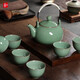 靈青坊手工青瓷大容量泡茶壺開(kāi)片可養線(xiàn)提梁壺家用哥窯功夫茶具茶杯套裝冰裂紋陶瓷大號涼水壺整套禮盒裝高檔 哥窯梅子青（一壺六杯）