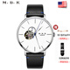 M.B.K手表男士名表超薄鋼帶新年生日禮物腕表全自動(dòng)機械表鏤空防水男表 M1007G-8 象牙白面皮帶