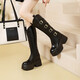 OTMX馬丁靴女厚底復古高筒靴2025秋冬季牛皮女靴子皮帶扣內增高騎士靴 黑色單靴 33