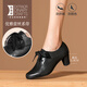 路施南深口單鞋女高跟春秋新款黑色皮鞋粗跟職業(yè)工作鞋系帶通勤真皮女鞋 黑色高跟5CM(763) 38