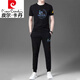 皮爾卡丹23夏季男士運動服套裝休閑薄款冰絲短袖T恤長褲青年帥氣兩件套 DXCK-T2020黑色 春夏 L 建議【110-125斤】