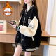 MXQP學(xué)院風(fēng)棒球服外套女2025秋冬新款韓版寬松休閑衛(wèi)衣百搭撞色上衣潮 79685黑色加絨 M 【80-110斤】