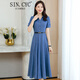 SIN.CYC女裝簡(jiǎn)約棉麻亞麻連衣裙女長(zhǎng)款修身闊太太夏季短袖洋氣減齡子 牛仔藍(lán) 2XL