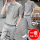 VACK 夏季圓領(lǐng)衣服男情侶裝夏裝冰絲短袖T恤套裝潮牌男士休閑套裝男裝 卡其 L (110-130斤)