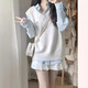 小野七天學(xué)院風(fēng)套裝條紋系帶中長款襯衫女春秋韓版疊穿針織毛衣馬甲兩件套 襯衫馬甲兩件套女【均碼】
