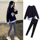 苒琦媽咪孕婦裝春裝套裝時(shí)尚款2026春洋氣新款上衣假兩件外出兩件套秋款 藏青色上衣+黑打底褲（兩件套） XXL