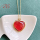繁奢天然冰種紅紋石愛(ài)心吊墜女桃心形鎖骨鏈古法金全包鑲招桃花旺姻緣 吊墜