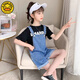 G·DUCK KIDS小黃鴨兒童背帶褲2025新款夏裝中大童女童牛仔短褲韓版洋氣套裝夏 黑色T恤+背帶短褲【簡約時(shí)尚】 110 【建議100左右】