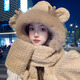 溪谷幽幽秋冬季2024新款帽子圍巾一體女冬天保暖毛絨手套三件套可愛連帽潮 龍寶-手套帽子圍巾一體-咖啡