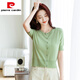 皮爾卡丹（pierre cardin）短款針織短袖開(kāi)衫女夏季圓領(lǐng)修身薄款牛油果綠冰絲上衣黑白色t恤 淺綠色 XL