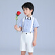 溫格奧 新款兒童禮服男主持人服裝花童禮服六一兒童節(jié)演出服男童西服套裝鋼琴表演服小孩正裝幼兒園畢業(yè)衣服 藍條紋短袖襯衫+短褲+背帶+領(lǐng)結(jié) 130cm建議體重43-50斤