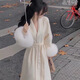 傲列V領(lǐng)狐貍毛皮草袖口2024冬長(zhǎng)款雙面羊絨大衣羊毛白色毛呢外套 白色 M