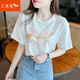紅蜻蜓2025春夏季重工印花短袖女T恤蝴蝶結(jié)裝飾體恤女士新款設(shè)計感上衣 白色短袖 L
