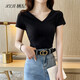 棲紀 t恤女短袖夏季韓版雙v領(lǐng)露背修身顯瘦百搭打底上衣 黑色 L 建議(100-112斤)