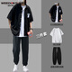威登羊衣服男貼標華夫格短袖T恤夏季港風(fēng)休閑套裝百搭九分褲三件套男裝 黑色+白T+黑色束腳褲 2XL