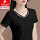 皮爾卡丹（pierre cardin）棉質(zhì)V領(lǐng)短袖T恤女夏季2025年新款黑色修身顯瘦上衣時(shí)尚體恤衫 黑色 XL