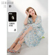 三彩【真絲連衣裙】2024夏季新款桑蠶絲碎花裙七分袖收腰長(cháng)裙浪漫 晴空藍花卉 M 160/84A